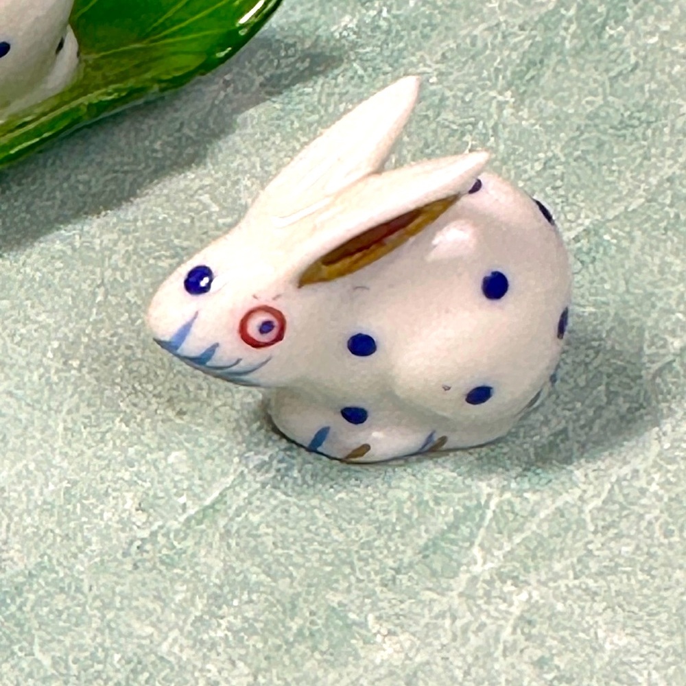 Herend Miniature Porcelain Hand Painted Bunny Rabbit With Blue Polka Dots